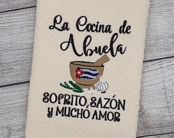 Embroidered Kitchen Towel - La Cocina de Abuela with the Cuban Flag on Mortar \ Abuela Gift \ Mother's Day Gift