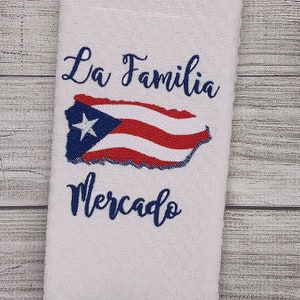 Personalized Puerto Rican Flag Embroidery Kitchen Towel - La Familia \ Personalized - Custom Mother&#39;s Day Gift