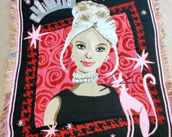 Vintage 1990's Barbie City Tapestry Throw Blanket w/ Fringe 4x5