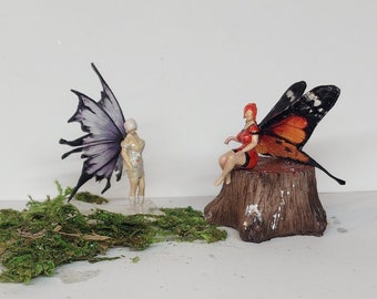 Butterfly wing fairies. minature fairy garden figurine. Little glitter dress fairies with boots. Realistic fairy minatures. Monarch wings