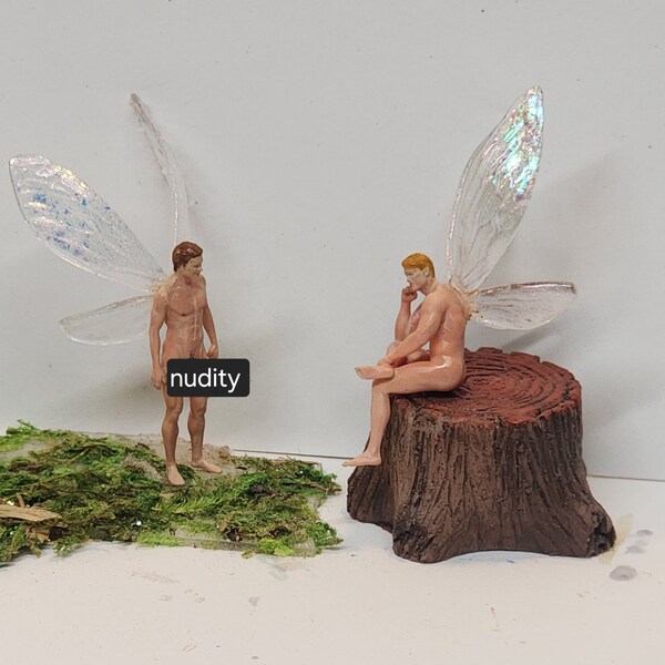 Realistic fairy miniatures.man fairy figurines. Terrarium and  fairy garden nude men fairies. Sitting male fairy. Clear wing male fairy.