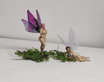 Miniature fairies. Glittery fairies.Realistic fairy garden and terrarium minatures. Punk and Purple wing nude fairies. Sleeping fairy.