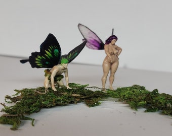 Miniature fairy garden and terrarium figurine. Nude girl fairy.  Diorama fairy. Male  fairy with green hair. Man fairy.