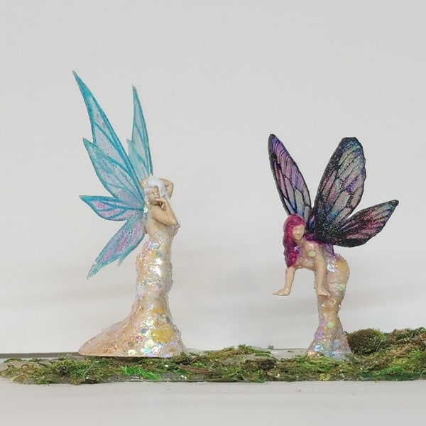 Fairy miniatures in a fancy glittery gown. Shy bashful fairies. Light skin little fairy. Female miniature terrarium accessories figurines