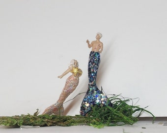 Little Mermaid miniatures. Terrarium garden mermaid and merman miniatures. mermaid with starfish bra. Little swimming merman mermaid couples