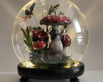 Mushroom sculpture night light lamp. Red fairy mushrooms in cloche dome.One of a kind hand sculpted and painted minature fairy night light