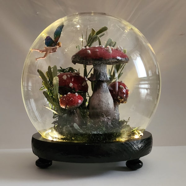 Mushroom sculpture night light lamp. Red fairy mushrooms in cloche dome.One of a kind hand sculpted and painted minature fairy night light