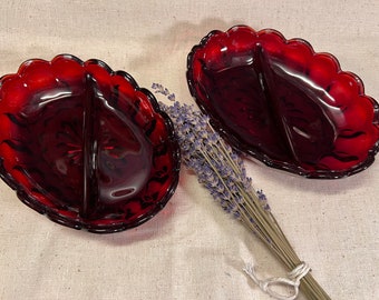 Vintage Set of 2, Anchor Hocking Royal Ruby, Fairfield, Oval Divided Candy/Relish Dish