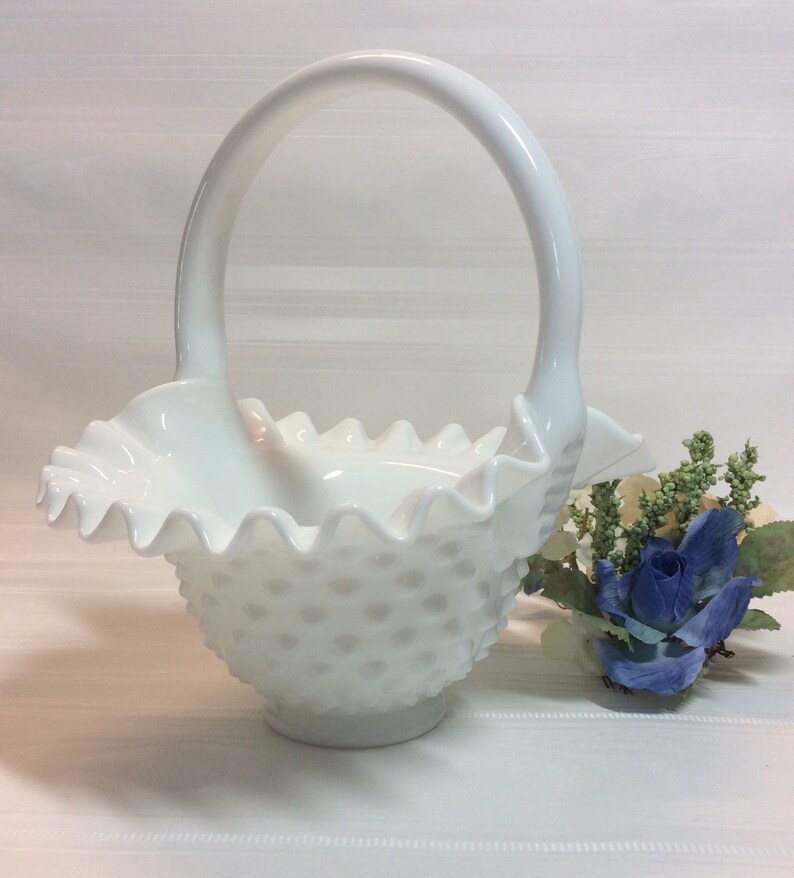 Vintage Fenton White Milk Glass Basket Applied Handles Hobnail Etsy