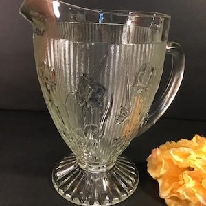 Vintage Jeannette Carnival Glass Clear Glass Iris & Herringbone Pitcher!