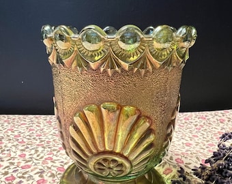 Vintage Westmoreland SHELL AND JEWELS Green Carnival Glass Sugar Bowl, missing Lid!