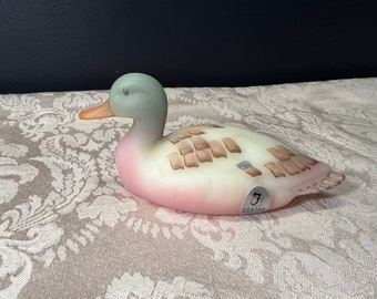 Fenton for QVC, Burmese Glass Mallard, Original Box, Sticker, handpainted by A. Vanzile!  Made in USA! Uranium! Raised makers mark!