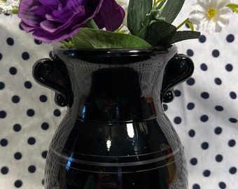 Vintage Black Amethyst Vase, Circular Rings, Handles!     6 1/2”  tall