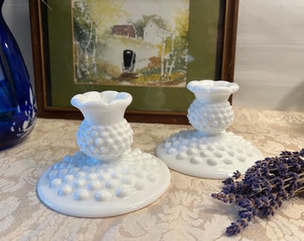 Fenton White Milk Glass Hobnail Candle Holders Set of 2!