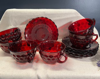 Anchor Hocking,Fire King, Royal Ruby, BUBBLE Pattern, Cup and Saucer Sets (6) ! 1941-1968