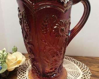 Imperial Glass Field Flower Red Carnival Glass Water Pitcher IG Stamped Mark