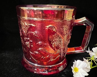 Imperial Glass Sunset Ruby ROBIN Mug Carnival 1960- early 1970’s! Original Sticker!