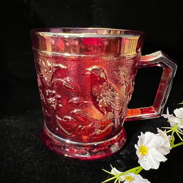 Imperial Glass Sunset Ruby ROBIN Mug Carnival 1960- early 1970’s! Original Sticker!