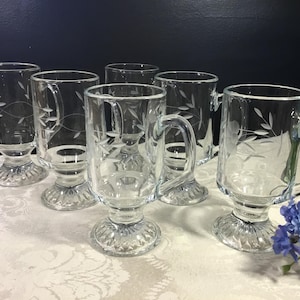 Set of 6~Princess House Heritage Pattern Etched Crystal Footed Irish Coffee/ Coffee Mugs!