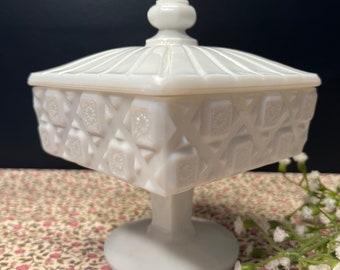 Vintage Westmoreland White Milk Glass OLD QUILT pattern, covered Candy/ Nut Dish Compote