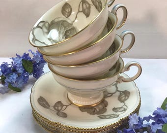 Juego de taza y platillo vintage Castleton China con base (4), rosas Gloria Taupe, borde perlado dorado