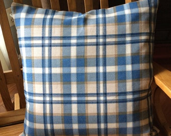 Handmade Country Farmhouse Throw Pillow Cover Cotton / Cotton Blend Plaid Blue Beige Ivory Zipper Closure 18x18