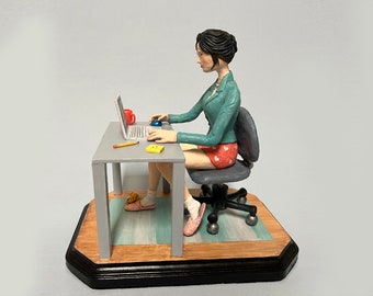 Work Meeting gift home office laptop desk zoom dog handmade OOAK sculpture doll meeting woman