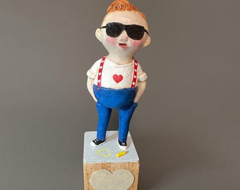 Figure Boy Valentine Sculpture OOAK Handmade Clay Mache Art WithHueInMind