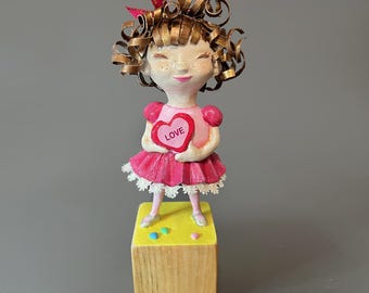 Figure Girl Valentine Sculpture OOAK Handmade Clay Mache Art WithHueInMind Figurine