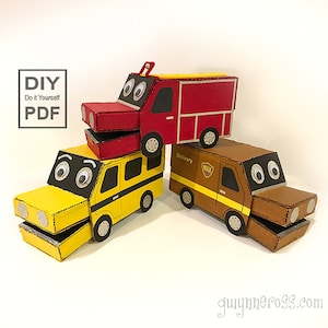 Fantoche de mão de caminhão DIY PDF crianças artesanato pintura pré-escolar reciclar papelão ônibus caminhão de bombeiros