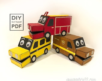 LKW Handpuppe DIY PDF Kinder Basteln Vorschule Lack Recycling Karton Bus Feuerwehrauto