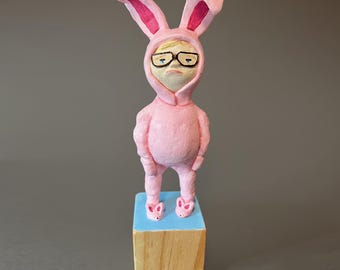 Figurine Ralphie Bunny Sculpture OOAK Handmade Clay Mache Art WithHueInMind