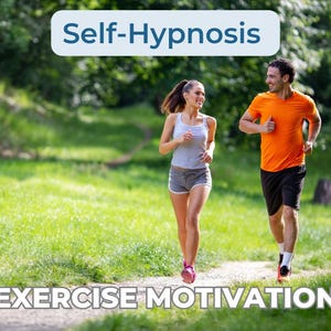 May include: A man and woman are jogging on a path in a park. The woman wears a grey vest and shorts, while the man wears an orange shirt and black shorts. The text "Self-Hypnosis" and "Exercise Motivation" are displayed.