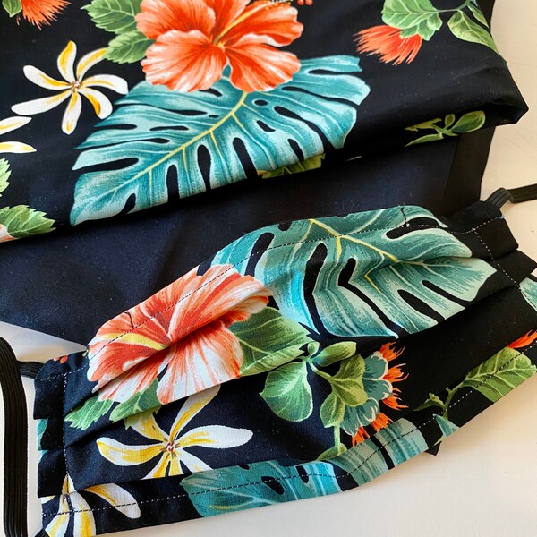 Custom Size Face Mask | Travel Mask Filter Pocket or 3 Layers style with Nose Bridge Wire | Washable Fabric Mask in Hibiscus Black