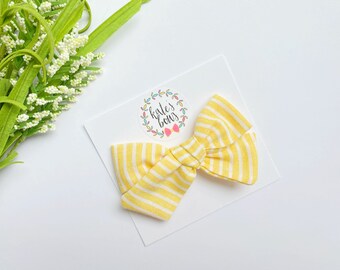 Yellow and White Striped Linen Handtied Style Hairbow, Alligator Clip or Nylon Headband, Baby Bows, Hair Bows, Hair Clips, Kates Bows