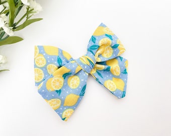 Light blue with lemons Millie style hand tied hair bow, Kate's Bows, Nylon headbands, alligator clip, blue and lemon fabric bow