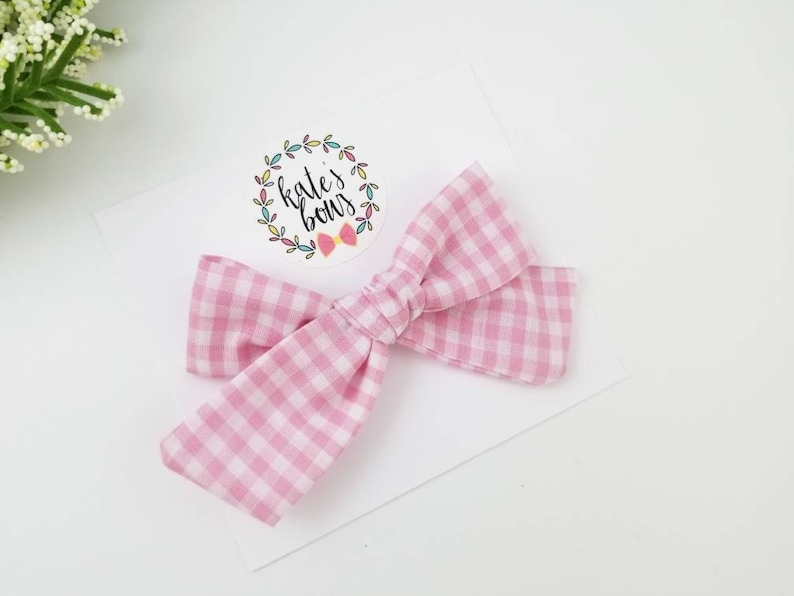 gingham bow hair bows Light pink gingham hand tied hair bow alligator clip hairbows Kate/'s Bows nylon headband spring hair bow