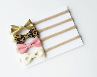 Baby Headband Set  | Nylon Headbands | Baby Bows | Newborn Headbands | Gold, Leopard, blush pink and cream bows. Set of 4 headbands