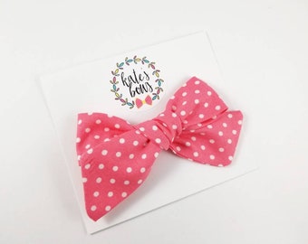 Pink polka dot hand tied / pinwheel style bow, coral / pink hairbow, fabric bow, choose clip or headband, Kate's Bows