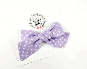 Lavender polka dot hand tied / pinwheel style bow, light purple hairbow, fabric bow, choose clip or headband, Kate's Bows