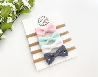 Baby Headband Set | Baby Gift | Baby Bows | Nylon Headbands | Baby Headband Bow Set | Pink, Mint, White & Denim bitty bows| Newborn Headband