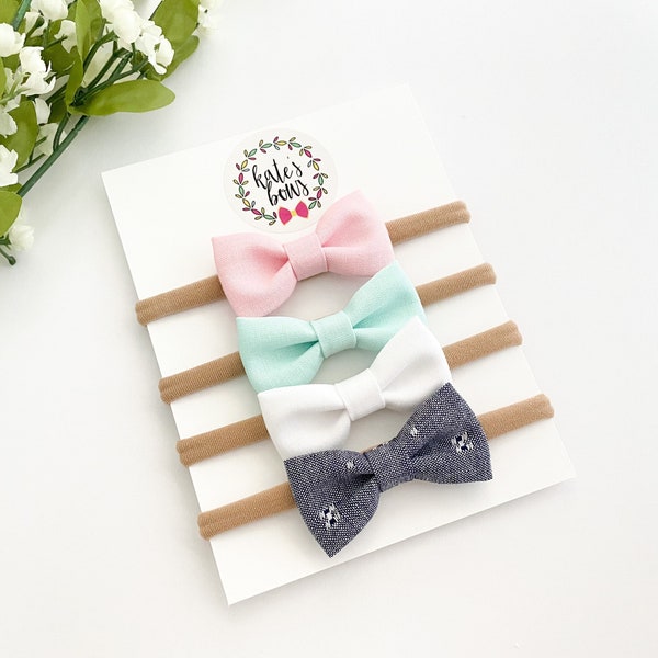 Juego de diademas para bebés / Regalo para bebés / Lazos para bebés / Diademas de nylon / Juego de lazos para diademas para bebés / Lazos de rosa, menta, blanco y mezclilla / Diadema para recién nacidos