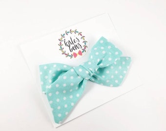 Light turquoise polka dot hand tied / pinwheel style bow, light blue hairbow, fabric bow, choose clip or headband, Kate's Bows