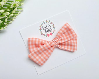 Peach / Light Coral Gingham Handtied Style Hairbow, Alligator Clip or Nylon Headband, Baby Bows, Hair Bows, Hair Clips, Kate’s Bows