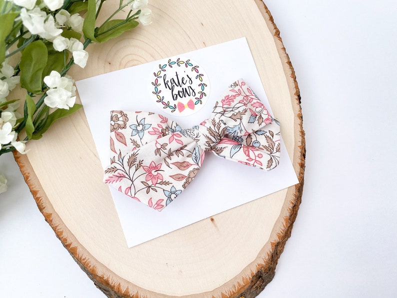 Pink /& Brown Floral Handtied School Girl Style Hairbow Baby and Toddler Bows Baby Headband Bow Choose Alligator Clip or Nylon Headband