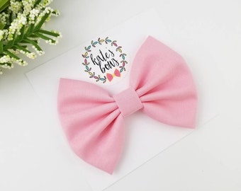 Carnation pink classic style fabric hair bow, light pink bows, spring hair bows, hair bows, pink, Kate's Bows, nylon headband, hair clip