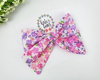 Pink purple and coral floral Millie style fabric hair bow, tied bow, flowers, hair bows, summer bows, Kate's Bows