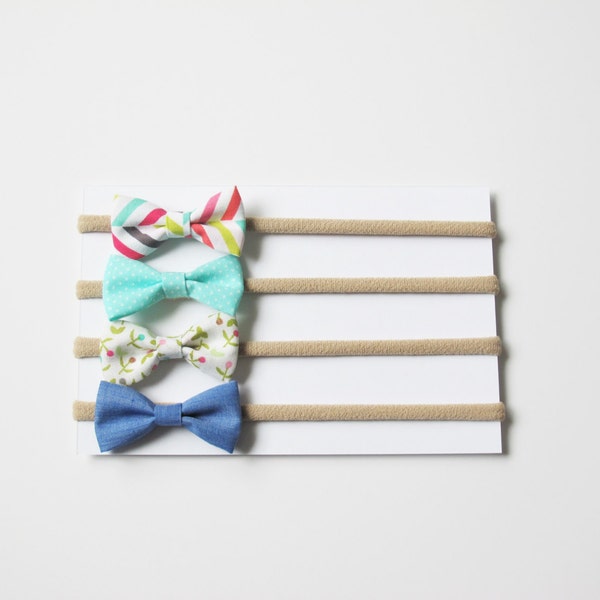 SALE! Baby Headbands | Baby Bows | Nylon Headbands | Chambray blue, turquoise, floral, herringbone. Set of 4 itty-bitty bow headbands