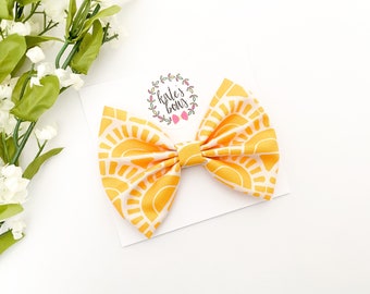 Large Sunshine Classic Style Hairbow, Pinch Bow, yellow sun, summer hair bows, baby headbands, bows, hairbows, Kate’s Bows