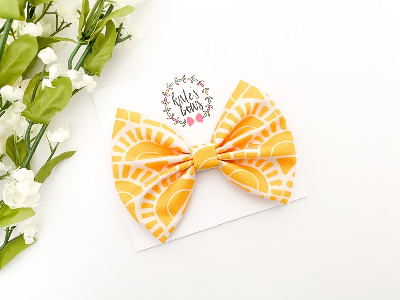 Large Sunshine Classic Style Hairbow, Pinch Bow, yellow sun, summer hair bows, baby headbands, bows, hairbows, Kates Bows image 1